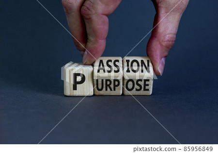 Passion or purpose symbol. Businessman turns wooden cubes and changes the concept word 'purpose' to 'passion' on a beautiful grey background. Copy space. Business and passion or purpose concept. Passion or purpose symbol. Businessman turns wooden cubes and changes the concept word 'purpose' to 'passion' on a beautiful grey background. Copy space. Business and passion or purpose concept. 85956849