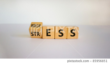 Wellness instead of stress. Turned a cube and changed the word 'stress' to 'wellness'. Beautiful white background. Concept. Copy space. Wellness instead of stress. Turned a cube and changed the word 'stress' to 'wellness'. Beautiful white background. Concept. Copy space. 85956851
