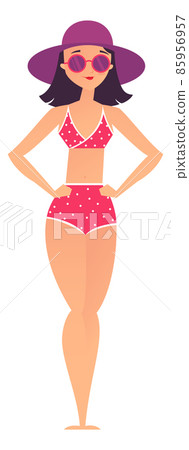 Woman in swimsuit and sun hat. Summer vacation rest. Beach leisure Woman in swimsuit and sun hat. Summer vacation rest. Beach leisure 85956957