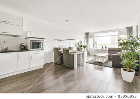 Large modern studio room with living room, dining area and kitchen Large modern studio room with living room, dining area and kitchen 85956958