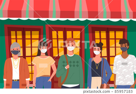 Group of students is wearing medical mask. Cartoon characters on the background of a restaurant 85957183