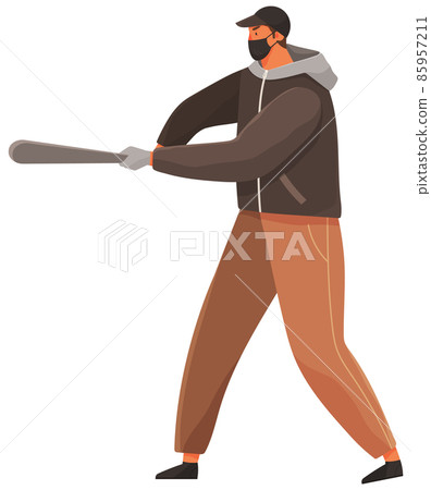 An aggressive man with a baseball bat isolated on white background. Problems of urban security An aggressive man with a baseball bat isolated on white background. Problems of urban security 85957211