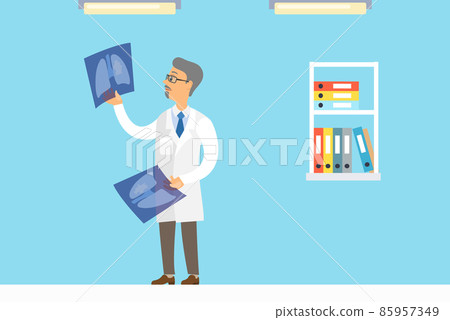 Professional oncologist male character doctor in white coat. Cancer disease diagnostic and treatment Professional oncologist male character doctor in white coat. Cancer disease diagnostic and treatment 85957349