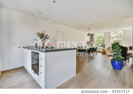 Lovely small kitchen area with black marble countertop Lovely small kitchen area with black marble countertop 85957517