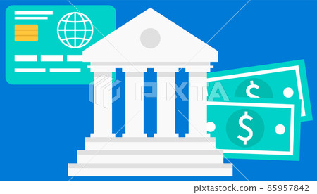 Bank building on a blue background. Money exchange, financial services, giving out funds concept Bank building on a blue background. Money exchange, financial services, giving out funds concept 85957842