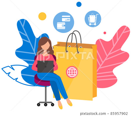 Woman with laptop is ordering goods on the internet. Girl buys international purchases online Woman with laptop is ordering goods on the internet. Girl buys international purchases online 85957902