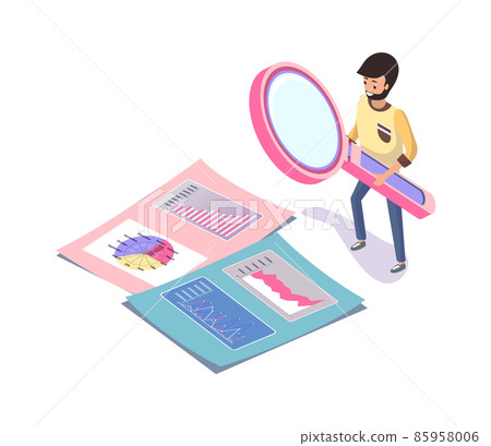 Man with Magnifer, Charts and Calendar Vector 85958006