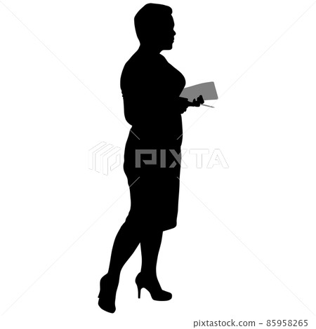 black silhouette of girl with short haircut in dress with notebook and pencil in her hands black silhouette of girl with short haircut in dress with notebook and pencil in her hands 85958265
