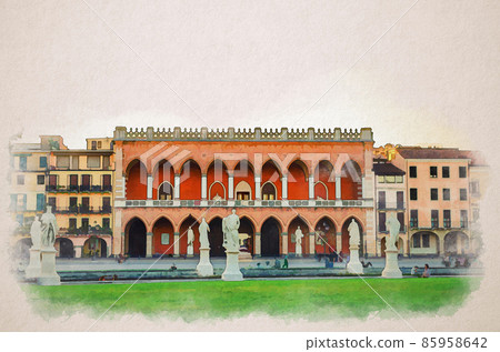 Watercolor drawing of Padua cityscape: Palazzo Loggia Amulea palace neogothic style building and statues near small canal Watercolor drawing of Padua cityscape: Palazzo Loggia Amulea palace neogothic style building and statues near small canal 85958642