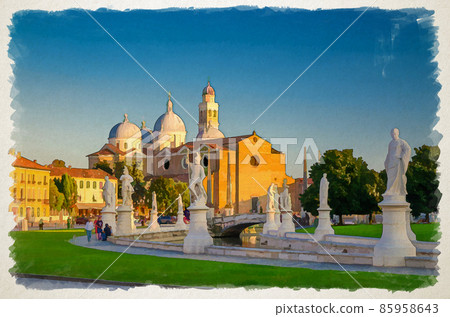 Watercolor drawing of Padua: Prato della Valle square in historical city centre of Padova, elliptical square with green island, canal with statues Watercolor drawing of Padua: Prato della Valle square in historical city centre of Padova, elliptical square with green island, canal with statues 85958643