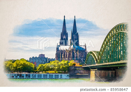 Watercolor drawing of Cologne cityscape of historical city centre with Cologne Cathedral Roman Catholic Church of Saint Peter gothic style building Watercolor drawing of Cologne cityscape of historical city centre with Cologne Cathedral Roman Catholic Church of Saint Peter gothic style building 85958647