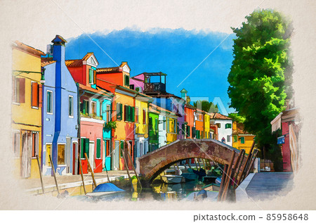 Watercolor drawing of Colorful houses of Burano island. Multicolored buildings on fondamenta embankment of narrow water canal with fishing boats, Italy Watercolor drawing of Colorful houses of Burano island. Multicolored buildings on fondamenta embankment of narrow water canal with fishing boats, Italy 85958648