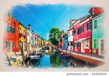 Watercolor drawing of Colorful houses of Burano island. Multicolored buildings on fondamenta embankment of narrow water canal with fishing boats, Italy Watercolor drawing of Colorful houses of Burano island. Multicolored buildings on fondamenta embankment of narrow water canal with fishing boats, Italy 85958649