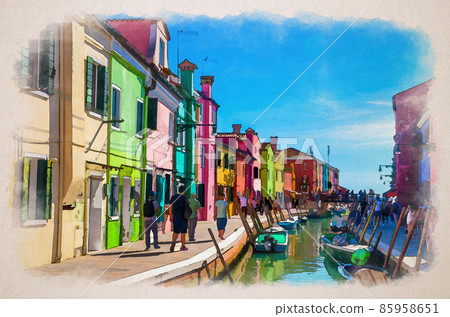 Watercolor drawing of Colorful houses of Burano island. Multicolored buildings on fondamenta embankment of narrow water canal with fishing boats, Italy Watercolor drawing of Colorful houses of Burano island. Multicolored buildings on fondamenta embankment of narrow water canal with fishing boats, Italy 85958651