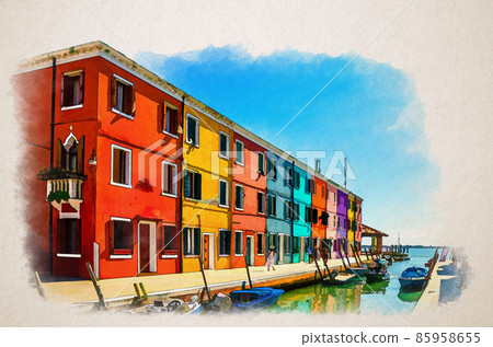 Watercolor drawing of Colorful houses of Burano island. Multicolored buildings on fondamenta embankment of narrow water canal with fishing boats, Italy Watercolor drawing of Colorful houses of Burano island. Multicolored buildings on fondamenta embankment of narrow water canal with fishing boats, Italy 85958655