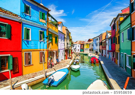 Watercolor drawing of Colorful houses of Burano island. Multicolored buildings on fondamenta embankment of narrow water canal with fishing boats, Italy Watercolor drawing of Colorful houses of Burano island. Multicolored buildings on fondamenta embankment of narrow water canal with fishing boats, Italy 85958659