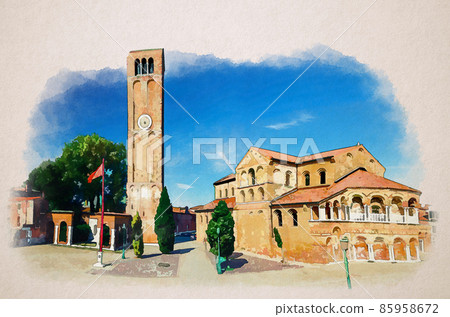Watercolor drawing of Church of Santa Maria e San Donato and bell tower brick building on Campo San Donato square in Murano islands 85958672