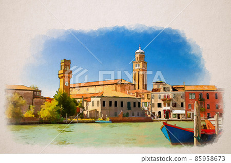 Watercolor drawing of Murano islands cityscape with clock tower Torre dell'Orologio, San Pietro Martire church building, water canal, boats 85958673