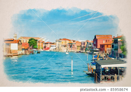 Watercolor drawing of Murano islands water canal with Santa Maria degli Angeli church, boats and motor boats, traditional buildings, Venetian Lagoon 85958674