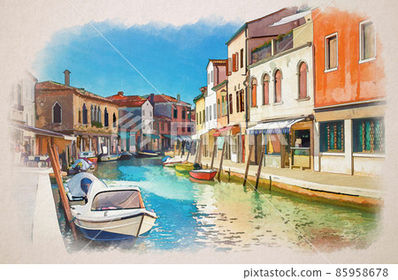 Watercolor drawing of Murano islands with water canal, boats and motor boats, colorful traditional buildings, Venetian Lagoon, Italy 85958678