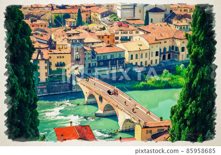 Watercolor drawing of The Ponte Pietra Stone Bridge, Pons Marmoreus, Roman arch bridge across Adige River, buildings with red tiled roofs in Verona historical city centre Watercolor drawing of The Ponte Pietra Stone Bridge, Pons Marmoreus, Roman arch bridge across Adige River, buildings with red tiled roofs in Verona historical city centre 85958685