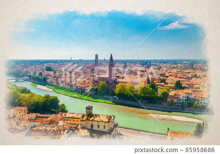 Watercolor drawing of Aerial view of Verona historical city centre, Adige river, church Basilica di Santa Anastasia tower, medieval buildings with red tiled roofs Watercolor drawing of Aerial view of Verona historical city centre, Adige river, church Basilica di Santa Anastasia tower, medieval buildings with red tiled roofs 85958686