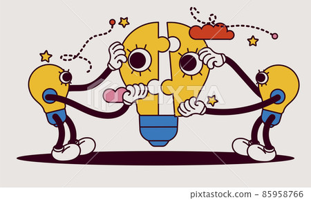 Business teamwork building lightbulb puzzle vector work illustration concept. Person businessman cooperation together jigsaw piece. Man and woman group unity fit part shape. Job support partner design 85958766