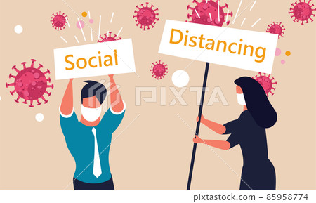 Social distancing and global risk coronavirus. People with mask protection community vector illustration concept. Prevent human illness and isolation group human. New normal health and virus spread 85958774