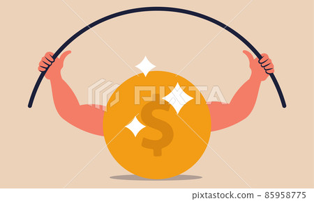 Financial stable and strong dollar. Coin with hand muscles power dumbbell and recover crisis vector illustration concept. Business cash  increase and stability risk. Save economy deposit or rich money 85958775