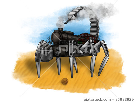 Futuristic scorpion train. Desert, self-propelled heavy equipment. Steam locomotive, steel giant. Futuristic scorpion train. Desert, self-propelled heavy equipment. Steam locomotive, steel giant. 85958929