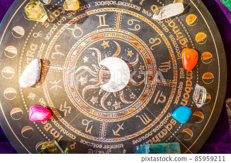 Healing crystals on brown background 85959211