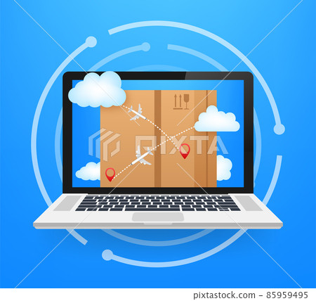 Vector concept. Modern cartoon illustration with flight delivery on blue background. Vector concept. Modern cartoon illustration with flight delivery on blue background. 85959495
