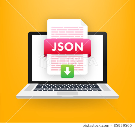 Download JSON button. Downloading document concept. File with JSON label and down arrow sign. Vector illustration. 85959560