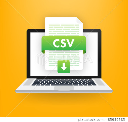 Download CSV button on laptop screen. Downloading document concept. File with CSV label and down arrow sign. Vector illustration. 85959585
