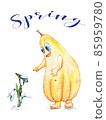 Watercolor postcard with the inscription Spring, snowdrops and cartoon character Pumpkin. 85959780
