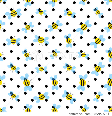 Seamless pattern with bees on white polka dots background. Small wasp. Vector illustration. Adorable cartoon character. Template design for invitation, cards, textile, fabric. Doodle style 85959781