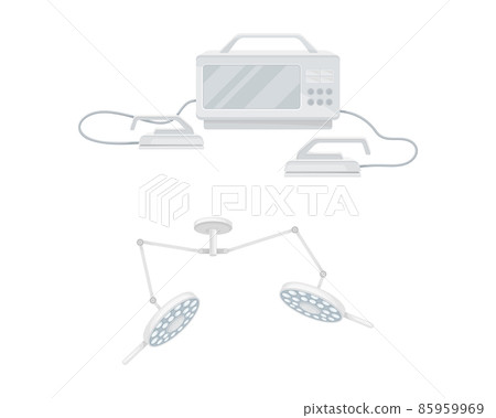 Hospital clinic medical devices set. Defibrillator and surgical lamp vector illustration 85959969