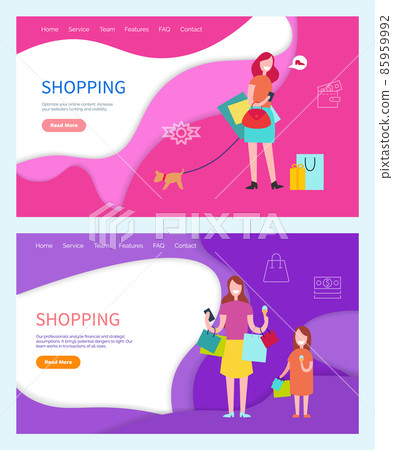 Shopping Woman Walking Pet on Leash, Family Day 85959992