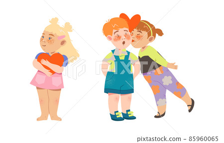 Adorable kids in love set. Cute children holding red heart and kissing cartoon vector illustration 85960065