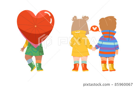 Adorable kids in love set. Children holding big red heart and holding hands cartoon vector illustration 85960067