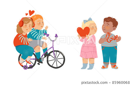 Adorable kids in love set. Boy and girl holding hands and walking together cartoon vector illustration 85960068