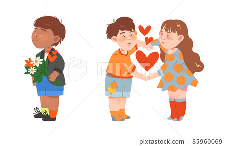 Adorable kids in love set. Boy holding bouquet of flowers. Children holding hands cartoon vector illustration 85960069