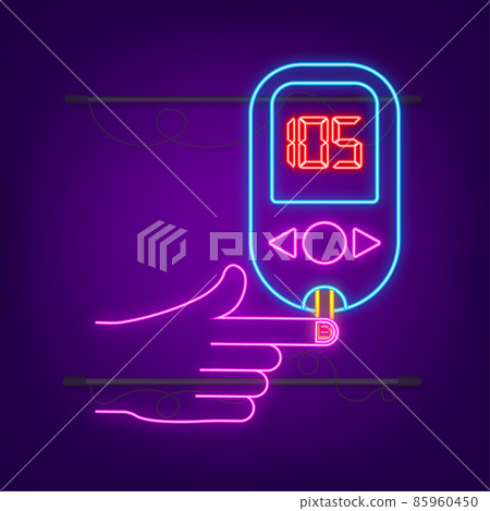 Blood glucose meter level neon test. Diabetes glucometer. Abstract concept graphic web banner element. Vector illustration. Blood glucose meter level neon test. Diabetes glucometer. Abstract concept graphic web banner element. Vector illustration. 85960450