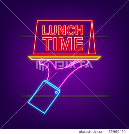 Neon icon with lunch time on white background for cover design. Cooking background. Vector icon. Vector logo. Neon icon with lunch time on white background for cover design. Cooking background. Vector icon. Vector logo. 85960451