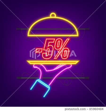 Hand tray - 5 percent discount, great design for any purposes. Neon style. Vector background. Isolated object. Hand tray - 5 percent discount, great design for any purposes. Neon style. Vector background. Isolated object. 85960484