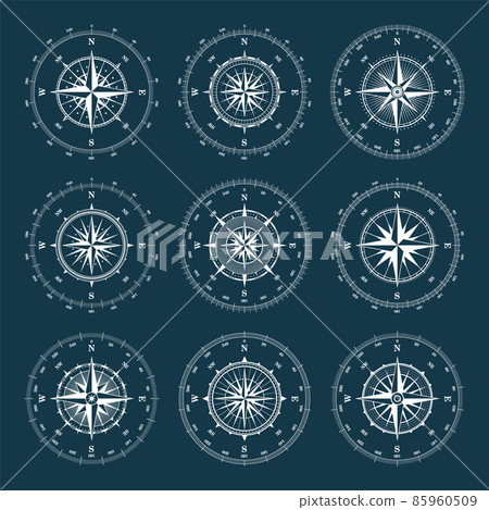 Vintage marine wind rose, nautical chart. Monochrome navigational compass with cardinal directions Vintage marine wind rose, nautical chart. Monochrome navigational compass with cardinal directions 85960509