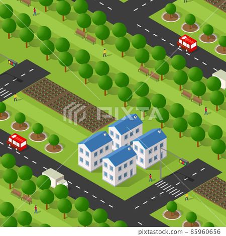 Rural isometric ranch farm with trees fields and garden Rural isometric ranch farm with trees fields and garden 85960656