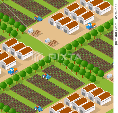 Rural isometric ranch farm with trees fields and garden Rural isometric ranch farm with trees fields and garden 85960657