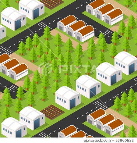 Rural isometric ranch farm with trees fields and garden Rural isometric ranch farm with trees fields and garden 85960658