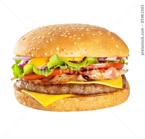 Appetizing burger with beef cutlet. Isolated on white background. 85961085